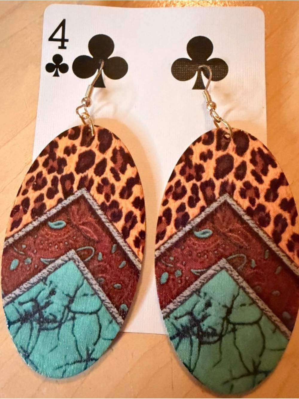 Leopard Print Chevron Drop Earrings with Turquoise Accent